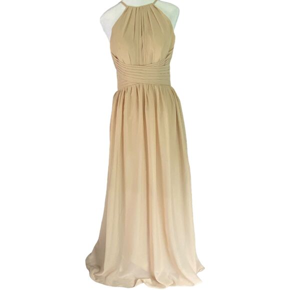 Halter Bridesmaid Backless Long Dress Evening Dress Formal Champagne Tan Size 4 - Picture 2 of 11